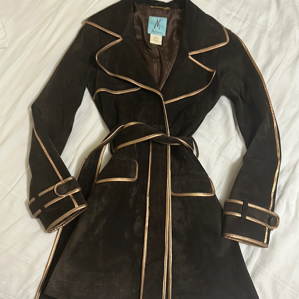 Brawn suede trench  coat by Marciano so stylish with a touch of a gold .